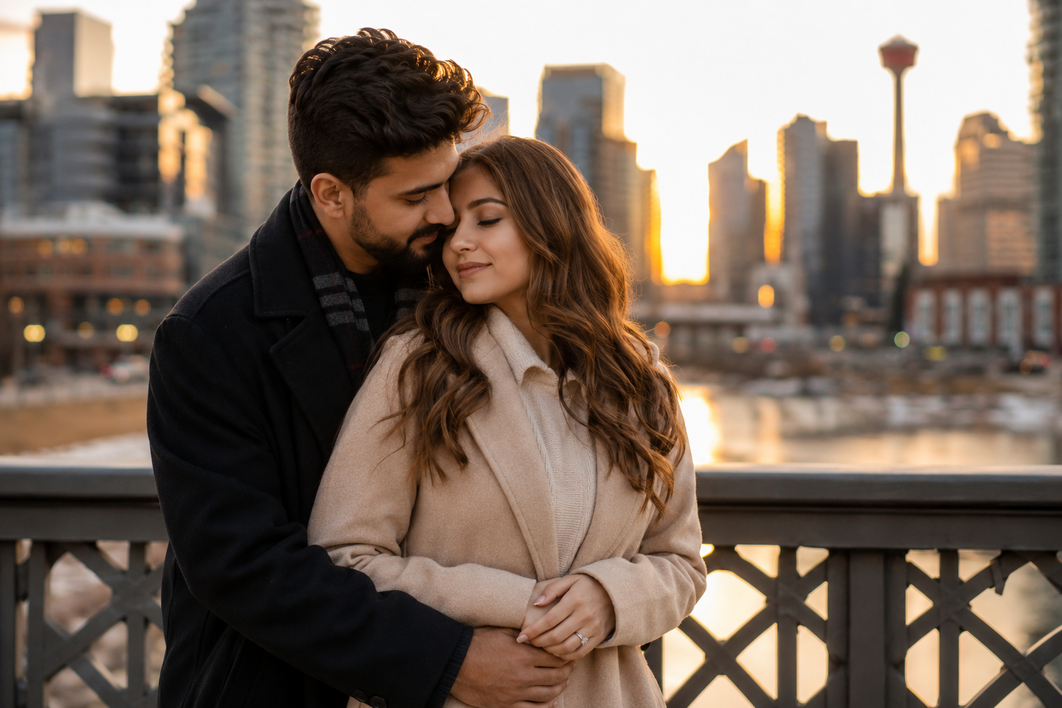 Couple embracing with the Calgary skyline at sunset